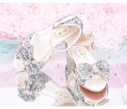 2025 Summer Girls' Princess Shoes Fashion Sequin Bow Soft Bottom Children's Sandals Girls' Performance Pearl Crystal High Heels