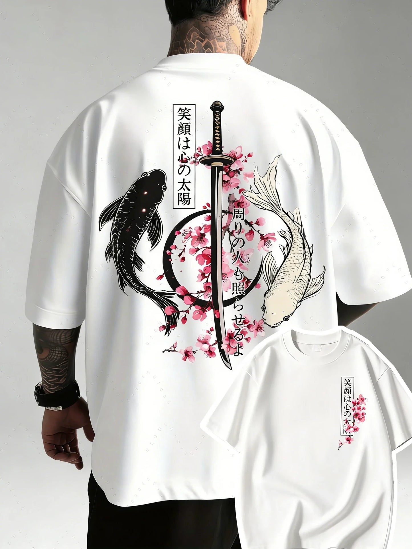 Summer Hot Japanese Yin Yang Koi Fish & Samurai Sword Pattern Cotton Men’s T-Shirt Short Sleeve Tees Casual Oversized Unisex Top