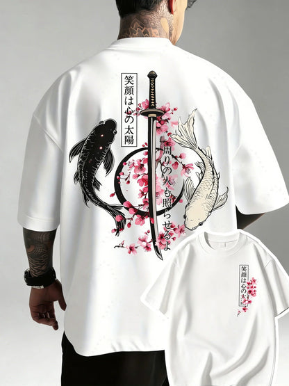 Summer Hot Japanese Yin Yang Koi Fish & Samurai Sword Pattern Cotton Men’s T-Shirt Short Sleeve Tees Casual Oversized Unisex Top