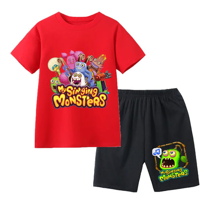 Summer Kids Cartoon Print Sport Clothing Suit Monsters Boys Casual Outfits Children Breathable T Shirt Pocket Shorts 2 Piece Set