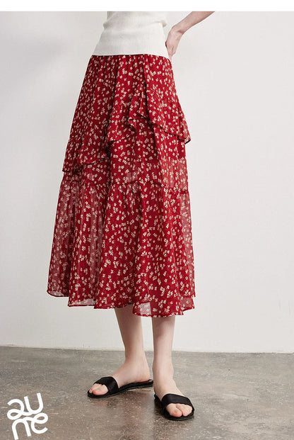 Women Chiffon Skirt 2026 Spring New Country Style Light and Flowing Floral Print Layered Ruffled Skirt
