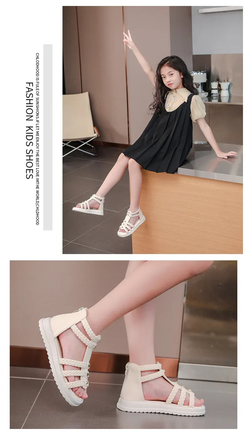 2026 Summer Gladiator Children Sandals Girl Soft Princess Shoes Retro Black Roman Sandal Outdoor Braided Shoe White Kids Shoes