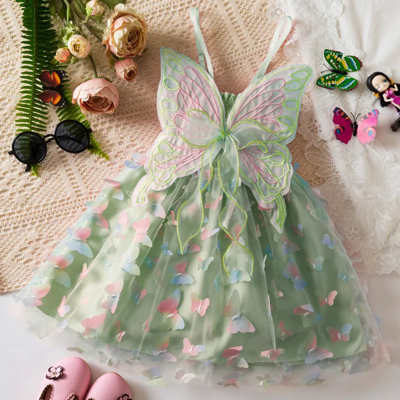 Baby Girl Party Princess Dress Summer Toddler 3d Fairy Butterfly Wings Sleeveless Tulle Sling Dress Children Birthday Party Gown