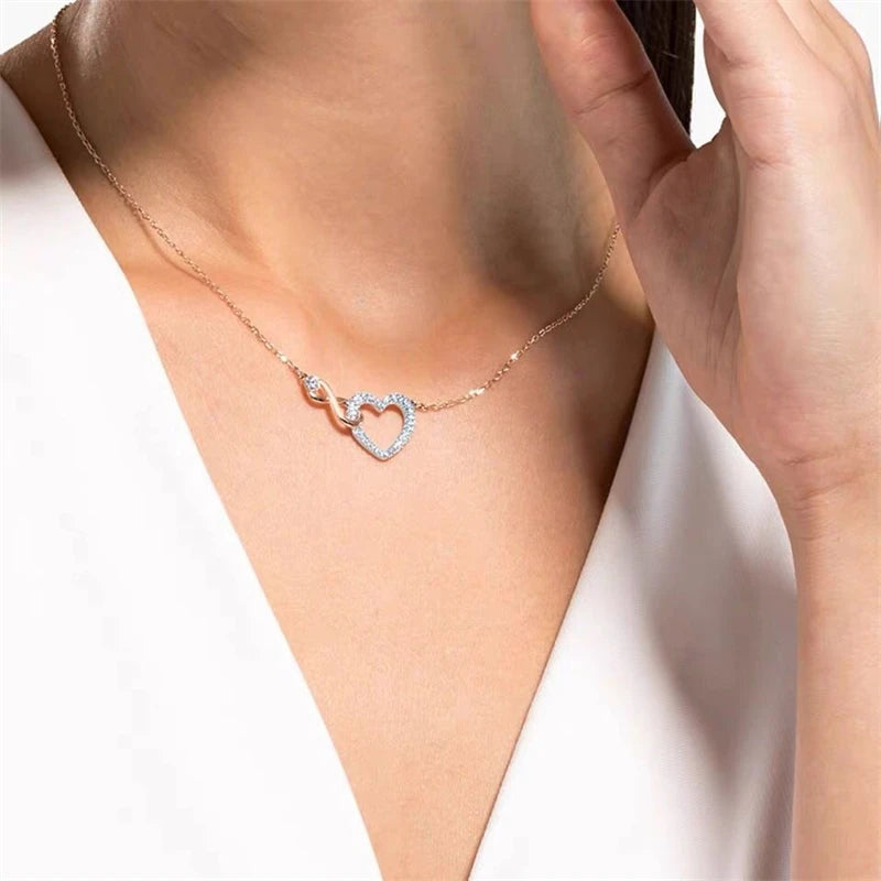 Classic Infinity Symbol Heart Jewelry Set Necklaces and Bracelets Rose Gold Rhodium Tone Finish Clear Crystals Fine Jewelry