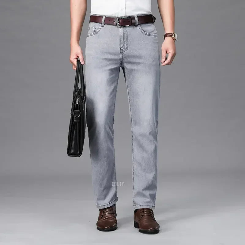 2026 Brand Thin or Thick Material Straight Cotton Stretch Denim Men's  Business Casual High Waist Light Grey Blue Jeans