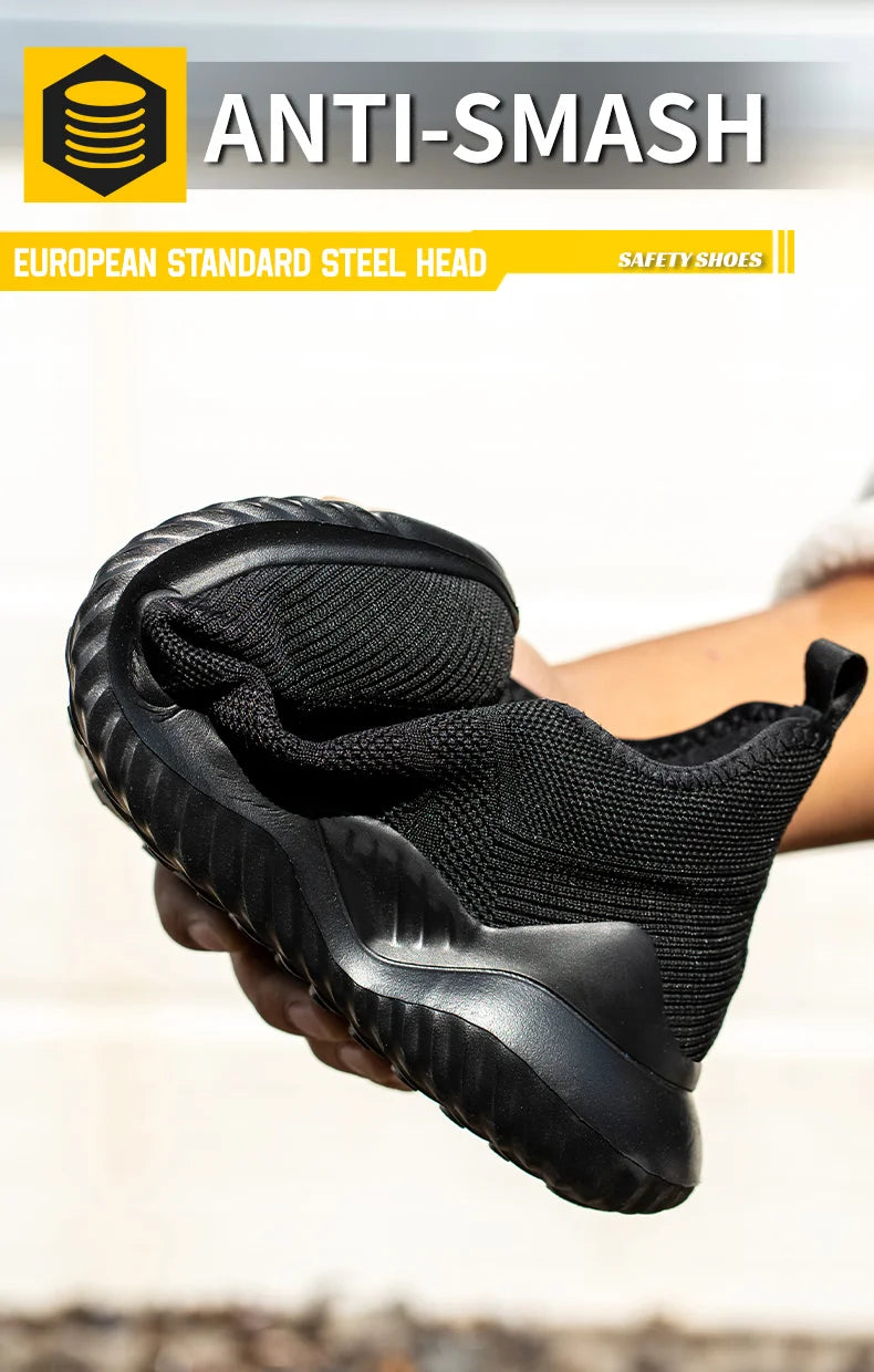 Men‘s Safety Shoes with Steel Toe Puncture Proof Anti-smash Work Sneakers Lightweight Breathable Black Sneakers for Construction