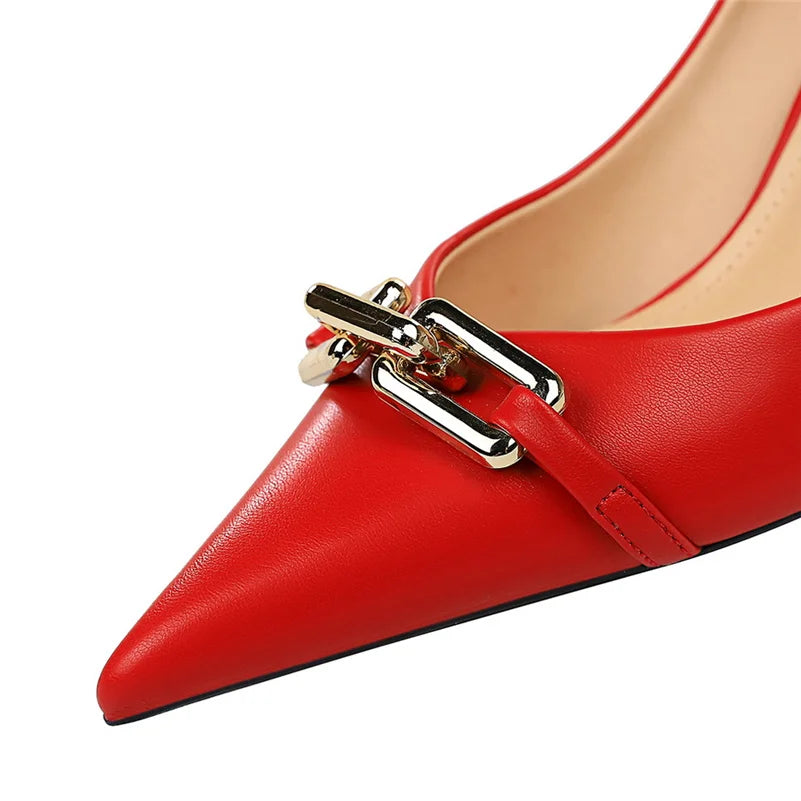 Women 7cm High Heels Pumps Lady Scarpins Fetish Nightclub Blue Nude Low Heels Wedding Party Metal Chain Buckle Fetish Prom Shoes