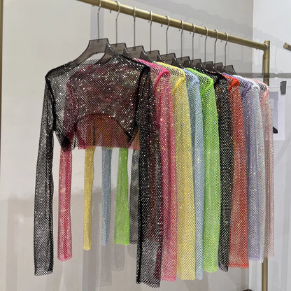 2023 new sexy bright diamond short top Slim thin Ms. hot drill long-sleeved T-shirt sexy leak waist nightclub