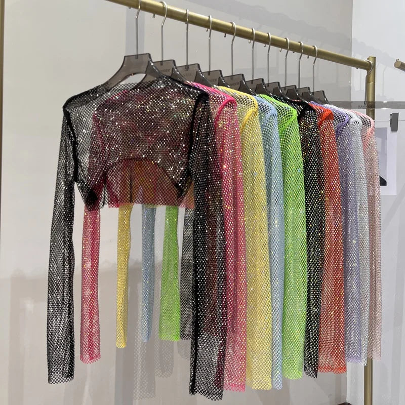 new sexy bright diamond short top Slim thin Ms. hot drill long-sleeved T-shirt sexy leak waist nightclub
