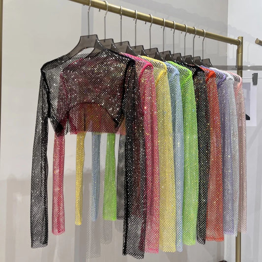 new sexy bright diamond short top Slim thin Ms. hot drill long-sleeved T-shirt sexy leak waist nightclub