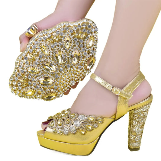Fashion Italian Shoe and Bag Set for Party In Women Afrcan Party Shoes with Bag Set with Rhinetsone Luxury Shoes Women Designers