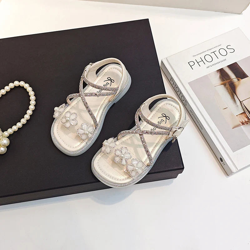Girls Princess Sandals Children Summer Beach Shoes Soft Bottom Anti-slippery Fashion Kids Flowers Rhinestone Sandals Size 23-36