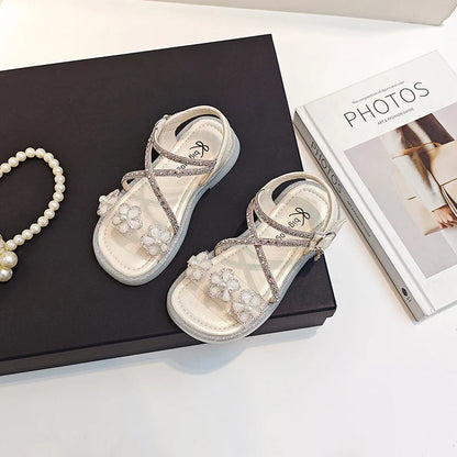 Girls Princess Sandals Children Summer Beach Shoes Soft Bottom Anti-slippery Fashion Kids Flowers Rhinestone Sandals Size 23-36