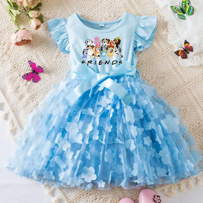 Vestido de Bebê Menina Bluey de Tule com Flores Vestido de Princesa para Casamento Tutu Sem Mangas Roupa de Festa para Fotos Presente de Aniversário