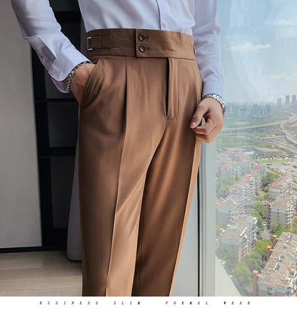 Men British Style Suits Pants New Male Solid High Waist Trousers High Quality Men Formal Slim Fit Business Casual Suit Pants