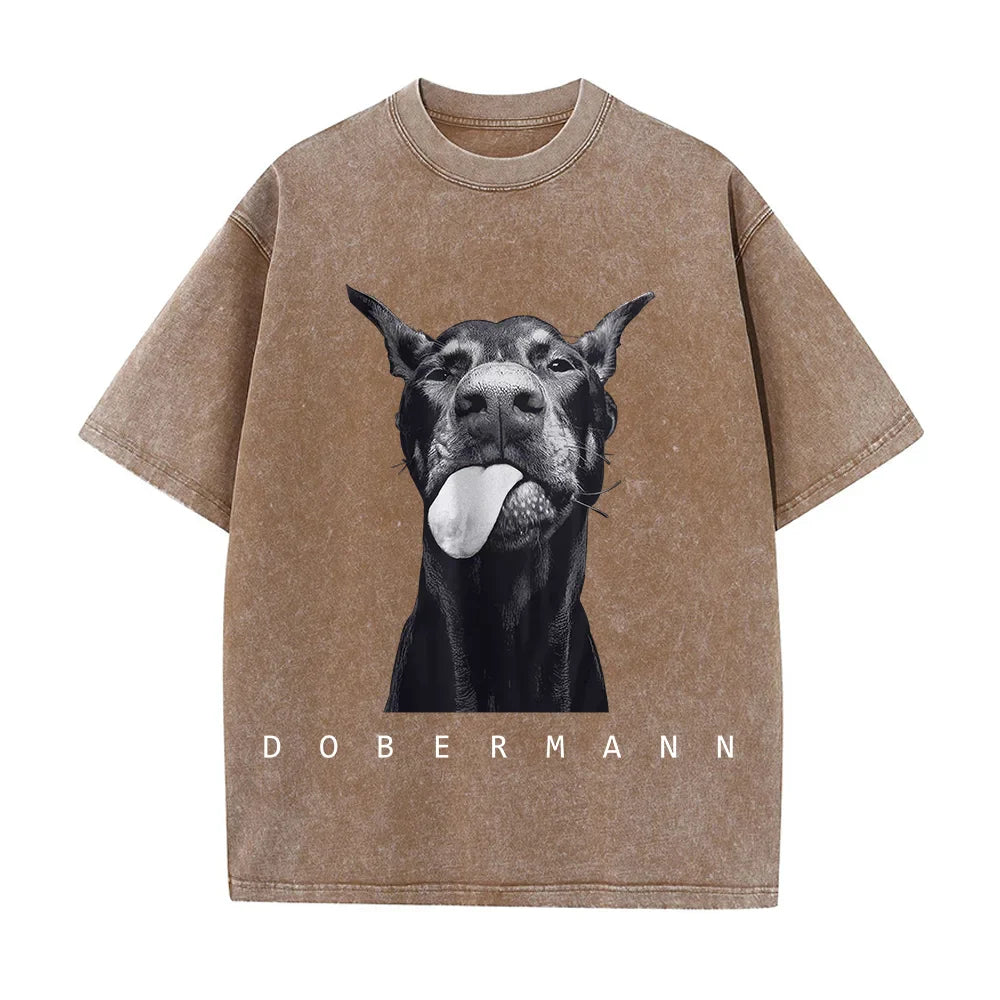 Camisetas femininas de algodão lavadas, moda criativa, estampa de Doberman, manga curta, gola redonda, folgadas, estilo destroyed, roupas femininas de rua