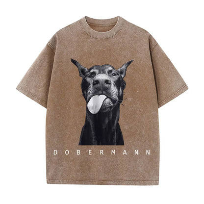Camisetas femininas de algodão lavadas, moda criativa, estampa de Doberman, manga curta, gola redonda, folgadas, estilo destroyed, roupas femininas de rua