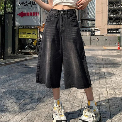 Verão American Style Vintage Feminino Jeans Folgado Y2k Solto Lavado Cintura Alta Calça Jeans Comprimento Joelho Streetwear Shorts Perna Larga