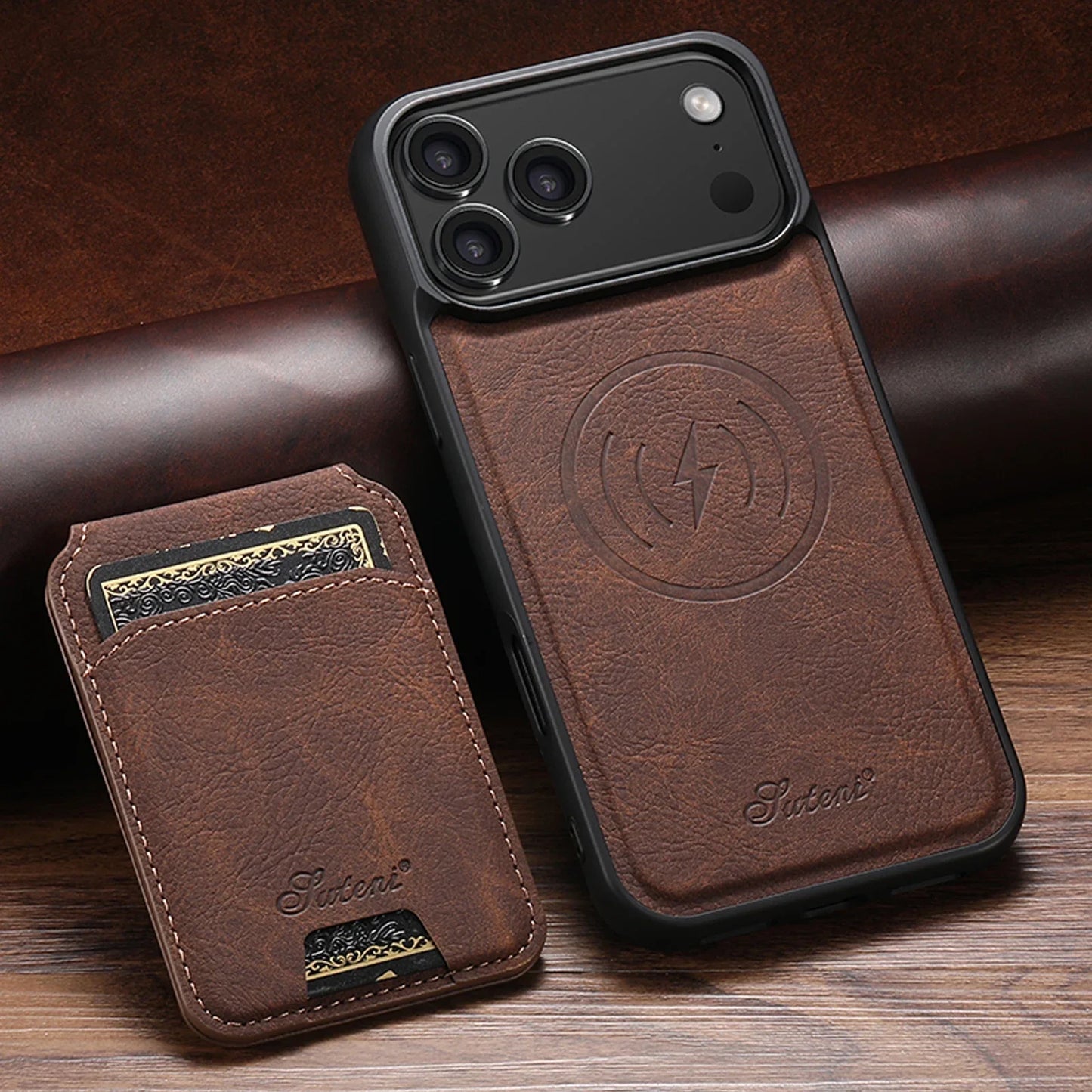 Wireless Charging Phone Case Magnet Card Holder Stand Faux Leather For iPhone 17 Pro Max 16 Plus 15 14 13 12