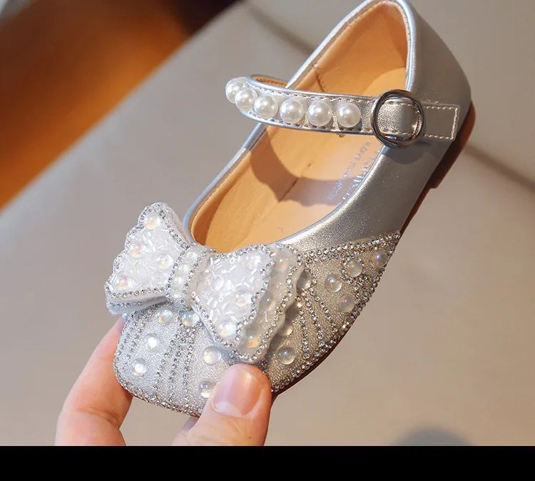 Size 23-34 Silver Bow Cute Princess Flat Shoes for Teenage Girls Casual Low Vamp Student Performance Dance Shoes