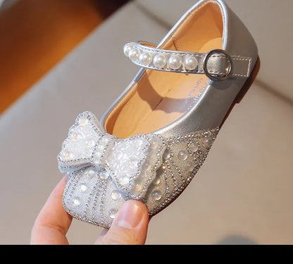 Size 23-34 Silver Bow Cute Princess Flat Shoes for Teenage Girls Casual Low Vamp Student Performance Dance Shoes
