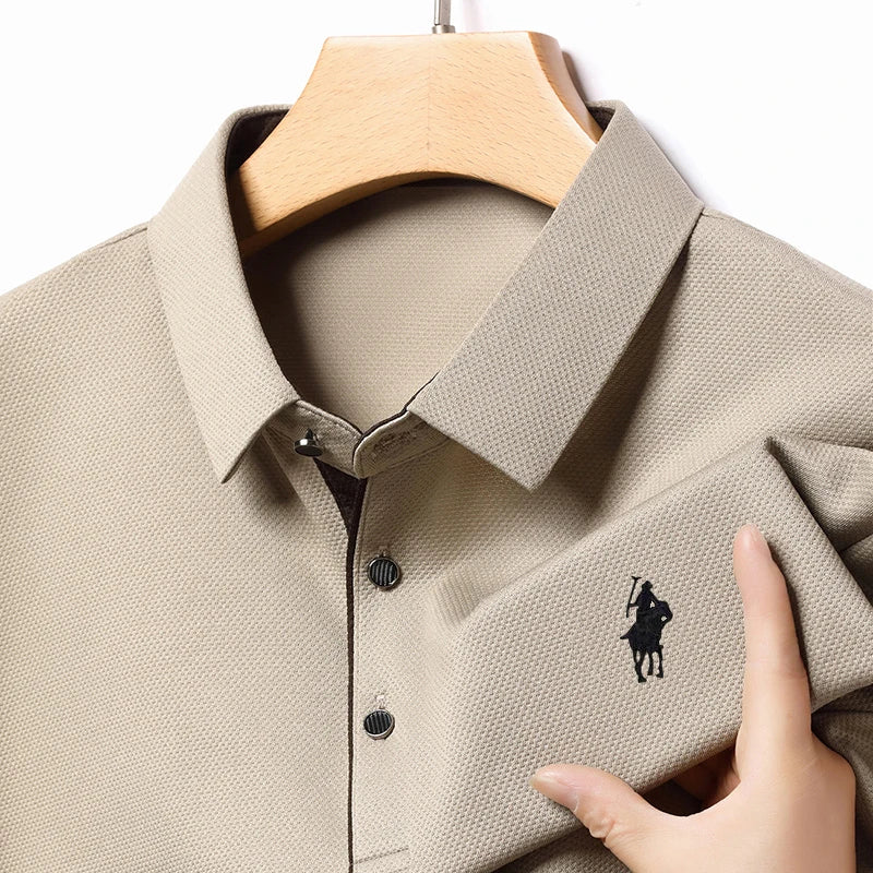 2025 Latest Autumn New Men's Long Sleeve Polo Shirt Middle Aged Business Comfortable Solid Color Men's Collar T-shirt