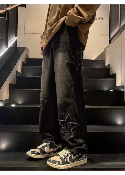 Star Embroidered Straight Casual Men's Jeans Y2K Gothic Unisex New Wide-leg Loose, Comfortable Fashionable Youth Street Jeans