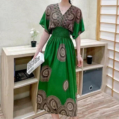 Flower V-neck Elastic Youthful Bohemian Sweet Midi Dress Woman Clothes Chic Fashion Summer Dresses 2025 Large Swing Ski