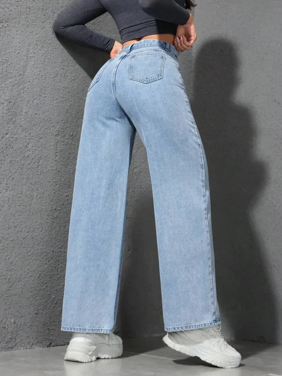 Women Solid Straight Wash High Elastic Waist Denim Pants