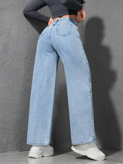 Women Solid Straight Wash High Elastic Waist Denim Pants