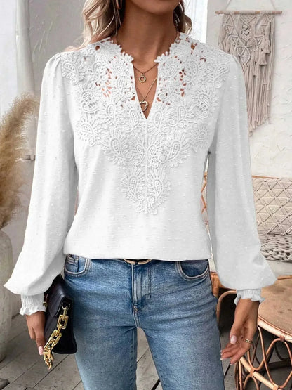 Womens Long Sleeve Sweaters Fall 2024 Trendy Sexy Lace V Neck Puff Sleeve Pullover Sweater Cute Tops