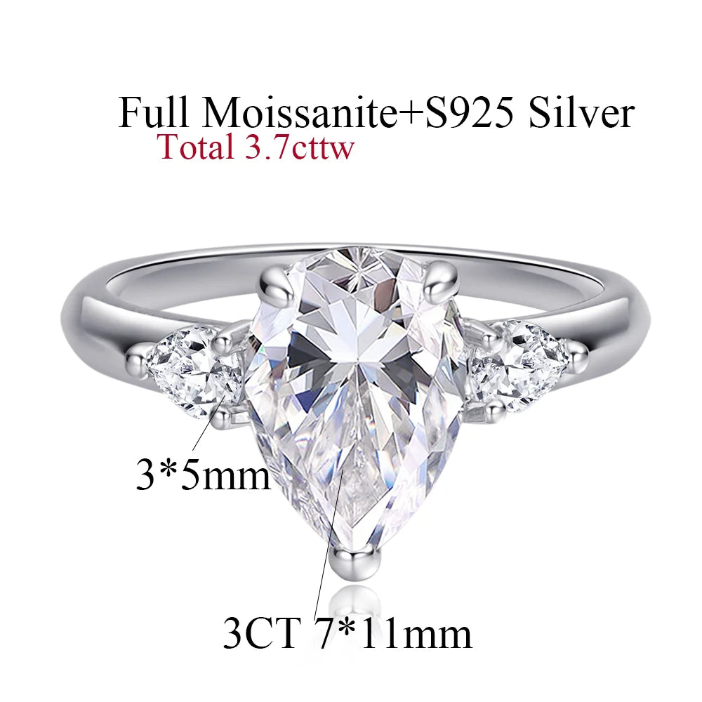 1/2/3/4CT Pear Cut Moissanite 3-stone Ring for Women S925 Silver Sparkling D Waterdrop Diamond Wedding Band Fine Jewelry
