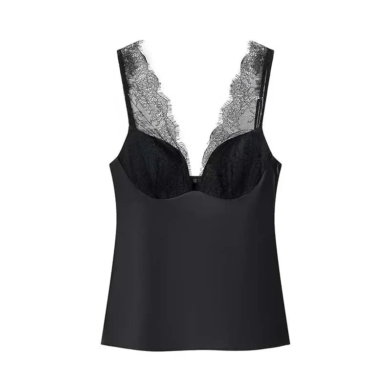 Black Satin Lace V-Neck Camisole Top for Women Cropped Y2k Harajuku Fashion Elegant Sleeveless Shirt Blouse Female