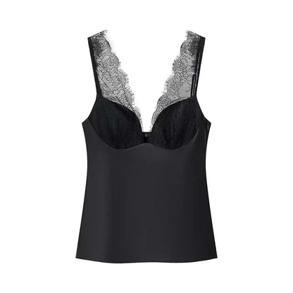 Black Satin Lace V-Neck Camisole Top for Women Cropped Y2k Harajuku Fashion Elegant Sleeveless Shirt Blouse Female