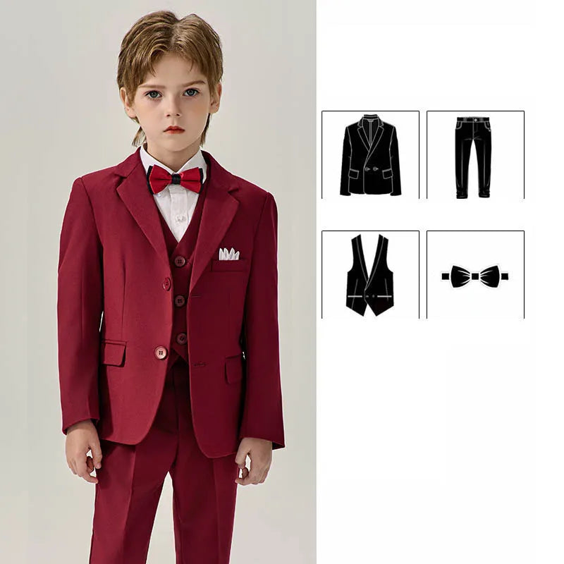 Boys Dark Green Jakcet Vest Pants Bowtie Evening Party Dress Children Wedding Photograph Suit Kids Ceremony Performance Costume
