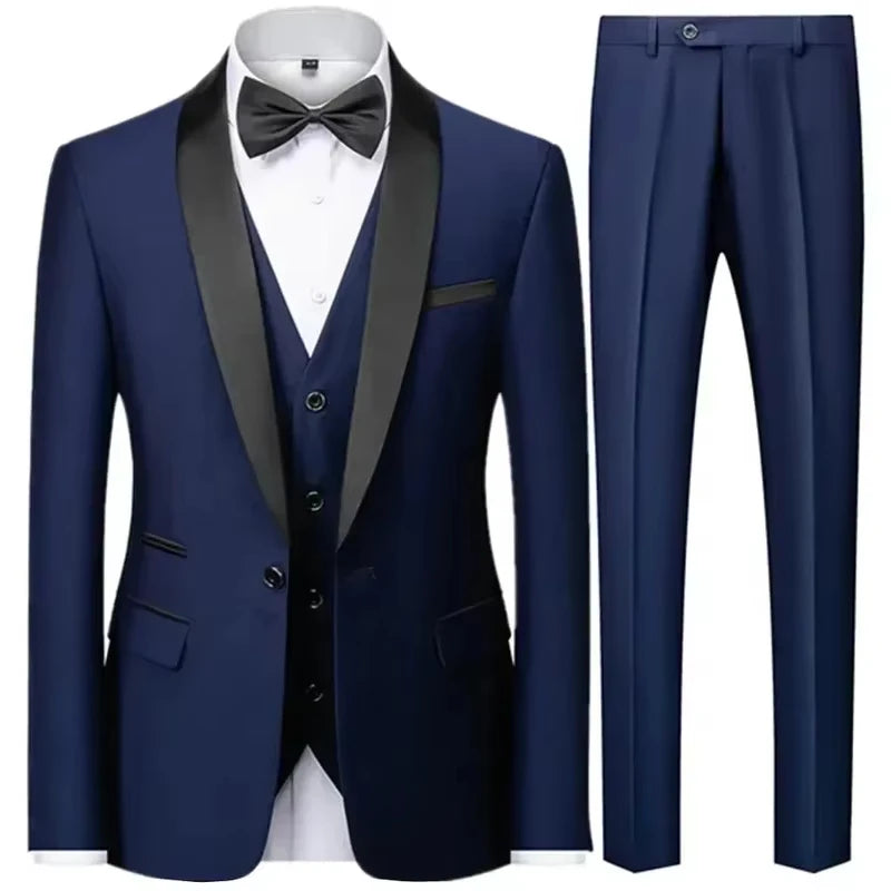 Conjunto Masculino Terno 3 Peças Smoking Um Botão Gola Xale de Cetim Slim Fit Blazer Colete Calças Para Formal Negócios Casamento Noivo