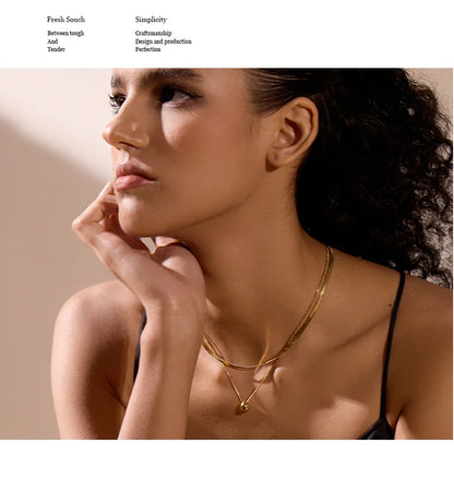 Snake Chain Double Layer Stainless Steel Water Drop Pendant Necklace for Women Statement 18k Gold Color Jewelry Waterproof