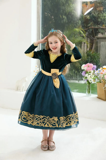 Girl Cosplay Brave the Heart Princess Merida Long Sleeves Dress Belt Set Holiday Party Carnival Party Stage Outfits Dress