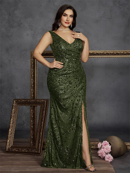 Plus Size Elegant V-back Slit Sequins Formal Evening Dresses 2026 Luxury Mermaid V-neck Cocktail Wedding Party Gowns