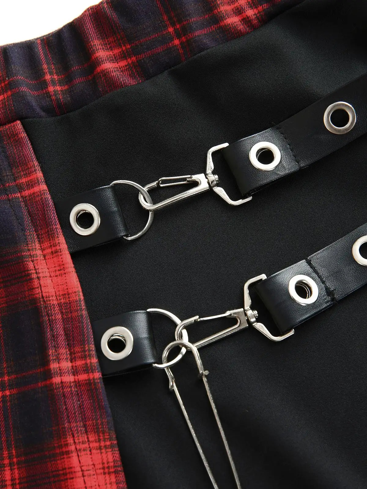 Plus Size Plaid Patchwork Grommets PU Leather Stripes Asymmetrical Skirt Female Casual Large Size Women Y2K Skirts