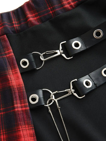Plus Size Plaid Patchwork Grommets PU Leather Stripes Asymmetrical Skirt Female Casual Large Size Women Y2K Skirts