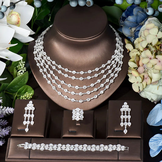 Elegant Five Layers Long Tassel Cubic Zirconia Ladies Costume Jewelry Sets Dangle Drop Earrings Pendant Necklace N-283