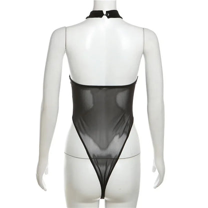 Flocking Heart Sexy Bodysuit Lingerie See Through Mesh One-pieces Body Feminino Sleeveless Bustier Black Tops Women Neck-mounted