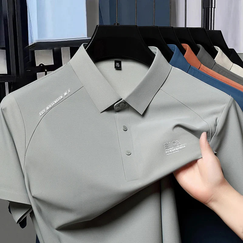 High quality ice silk short sleeve polo shirt cool breathable fashion brand letter printed summer casual men's lapel T-shirt