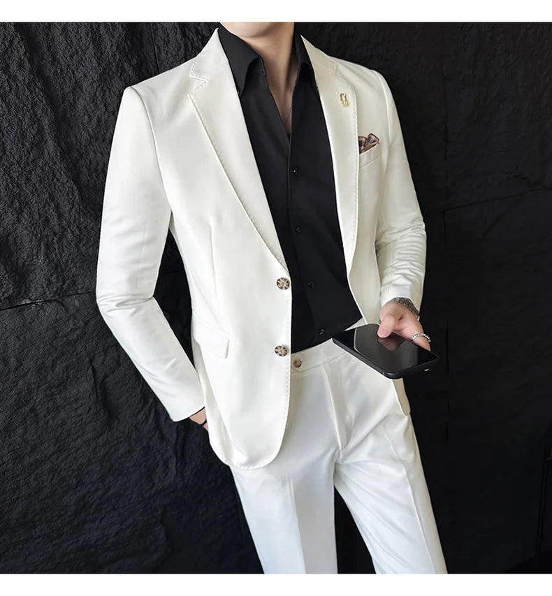 Men's Korean Style Slim Fit Suit Set, High Quality Fabric Solid Color Edge Pressing for Wedding Business