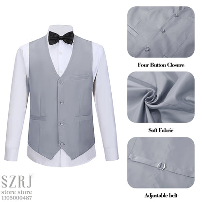 Men's 5-Piece Business Suit Set: Jacket+Vest+Pants+2 Bow Ties (Red+Blue).Premium, Tailored， For Parties, Weddings, Business.