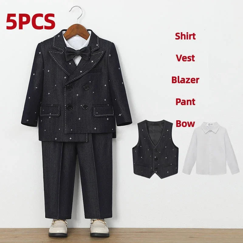 Autumn Children Boys Wedding Suit Star Printed Blazer Vest Pant 3/4/5Pcs Suit Outfit Set Formal Elagant Suit For Boys 1-10 Years