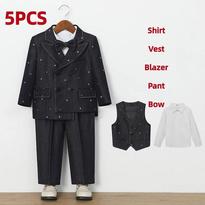 Autumn Children Boys Wedding Suit Star Printed Blazer Vest Pant 3/4/5Pcs Suit Outfit Set Formal Elagant Suit For Boys 1-10 Years