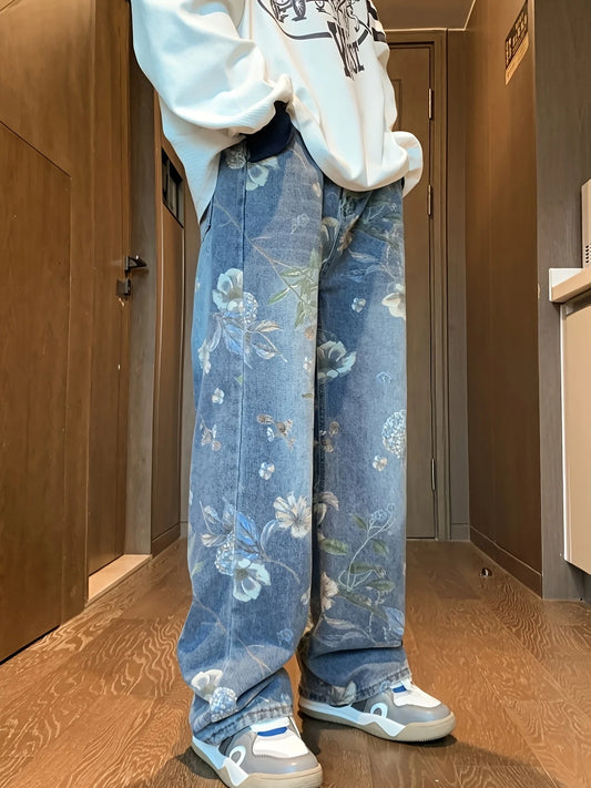 High-Quality Large-Flower Jeans, Summer Thin Style, 2025 New High-Waisted Slimming Straight-Leg Loose Wide-Leg Pants