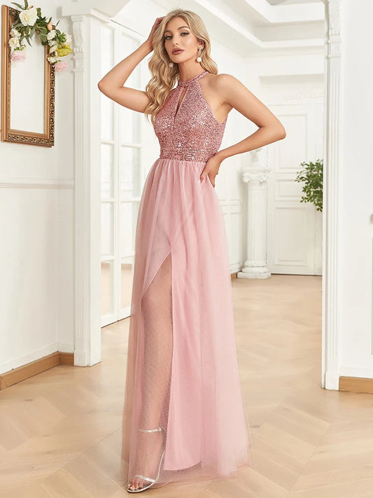 Elegant Sequins Evening Dress For Women 2025 Deep V-neck Tulle Prom Wedding Party Pink Floor Length Cocktail Gowns
